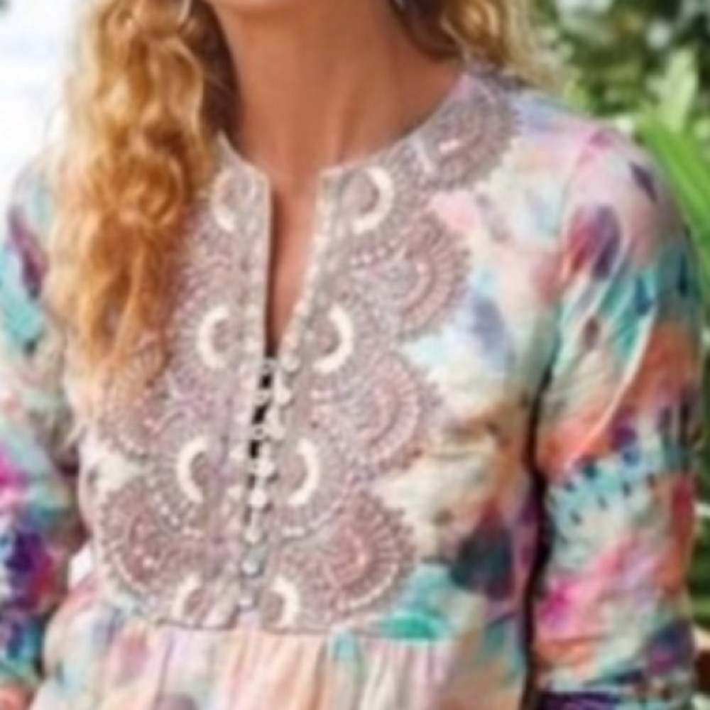Soft Surroundings Watercolor Tie-Dye Beaded Tunic in Pastel Rainbow